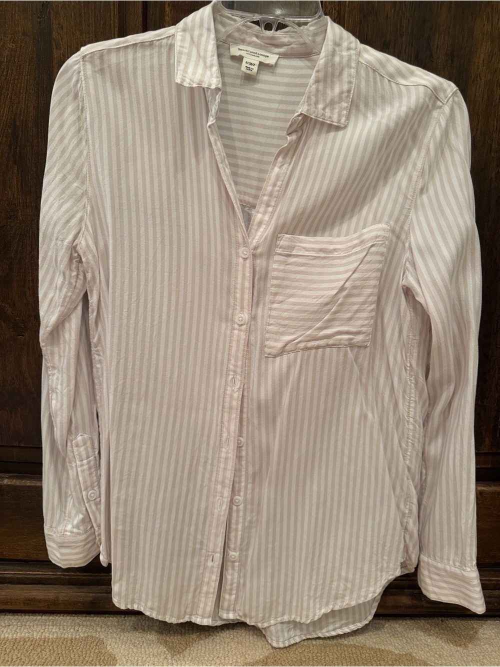 Beach lunch lounge Light Tan and White Striped Button-Up Shirt Small.